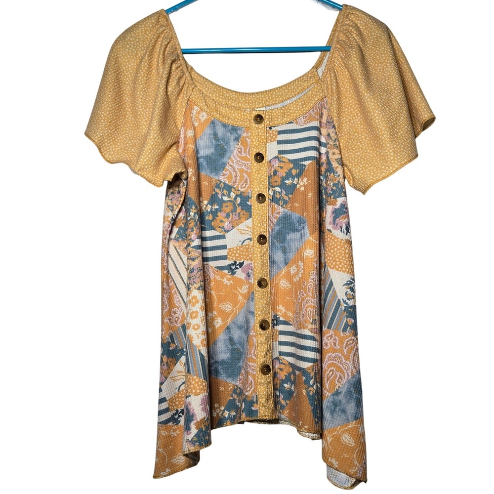 Cato Womens Patchwork Waffle Knit Top Small Boho Cottage Peasant‎ Hippie Folk